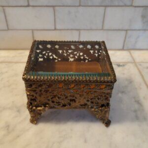 vintage brass filigree ormolu glass casket box